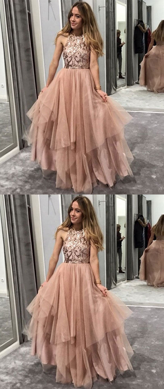 
                  
                    Champagne round neck tulle sequin long prom dress, evening dress - shdress
                  
                