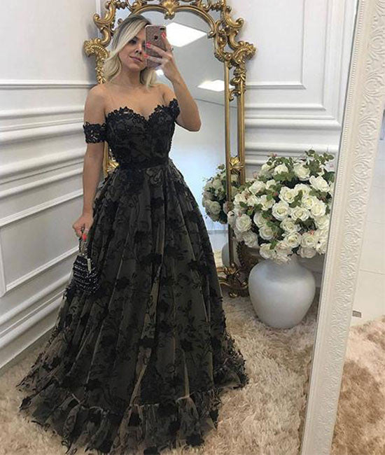 Black Lace Long A-Line Prom Dress, Black Off the Shoulder Evening Dres