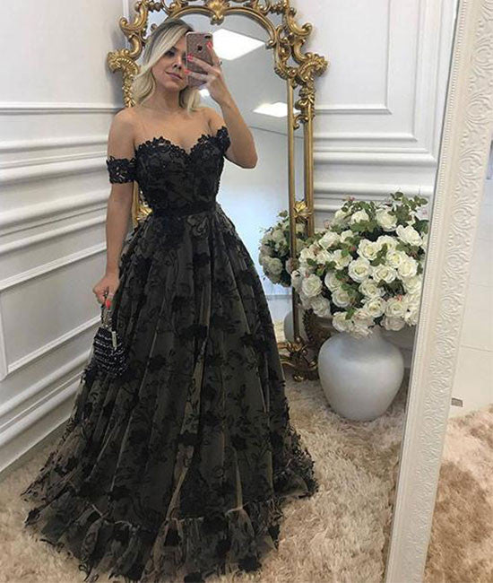 black lace prom dresses 2018 Off The Shoulder Black Prom Dress A Line Party Dress 2018