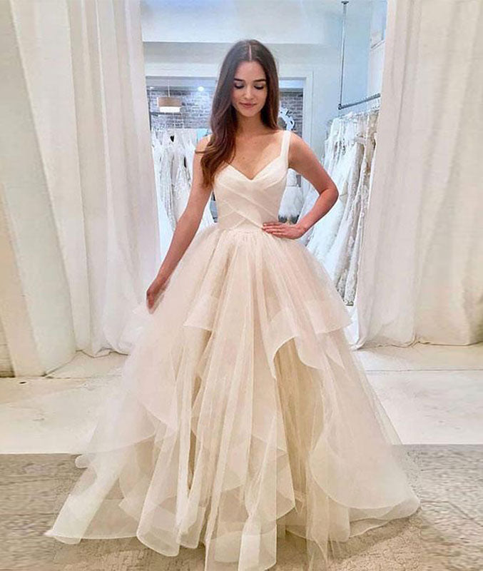 Simple light champagne tulle long prom dress, tulle evening dress – shdress