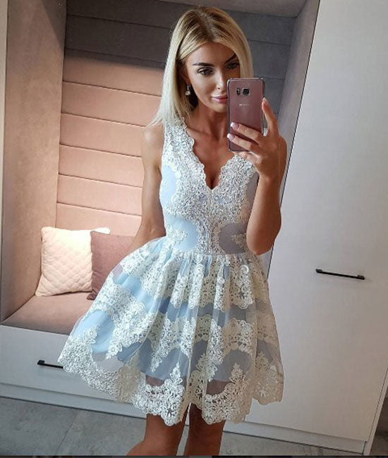 Cute light blue lace applique short prom dress, homecoming dress - shdress