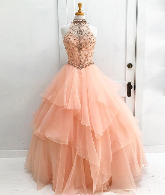 Orange tulle beads long prom gown, orange sweet 16 dress - shdress