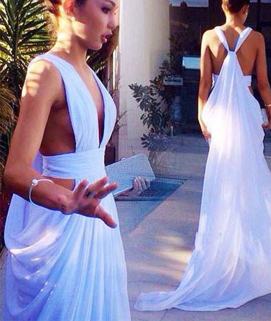 White Backless Chiffon Long Prom Dress, Evening Dress - shdress
