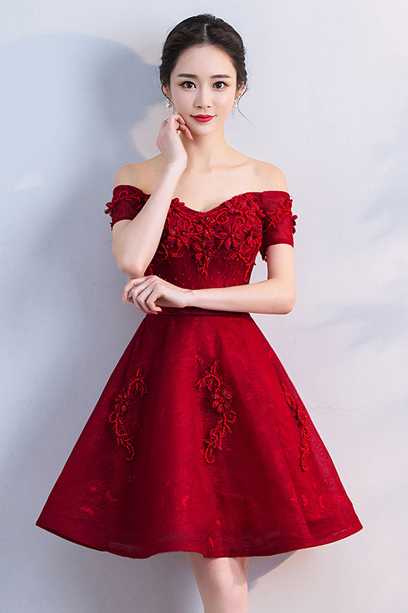 short burgundy prom dresses Simple off shoulder short burgundy prom dress, burgundy homecoming dre