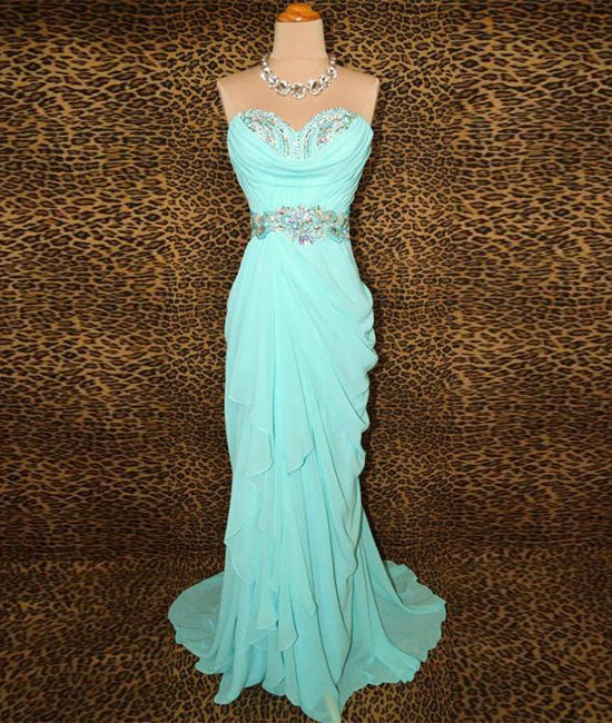 
                  
                    Unique blue chiffon beads long prom dress, blue evening dress - shdress
                  
                