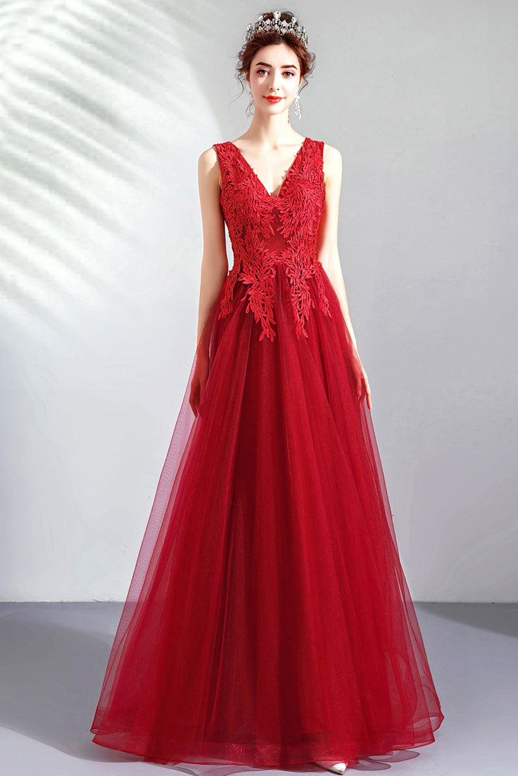 Burgundy v neck tulle lace long prom dress, burgundy evening dress shdress Burgundy v neck tulle lace long prom dress, burgundy evening dress shdress