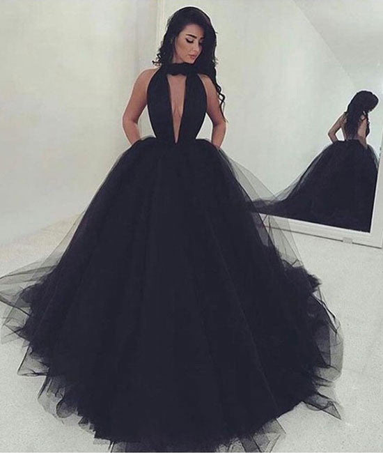Custom made black tulle long prom dress, black evening dress - shdress