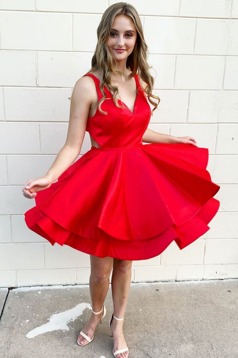 Simple red v neck satin short prom dress red homecoming dress shdress Simple red v neck satin short prom dress red homecoming dress shdress