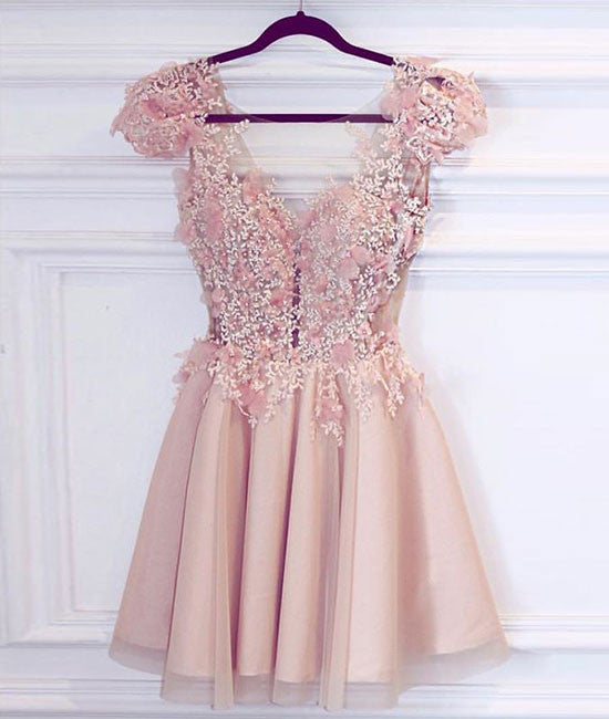 pink v neck short prom dress, cute homecoming dress - shdress