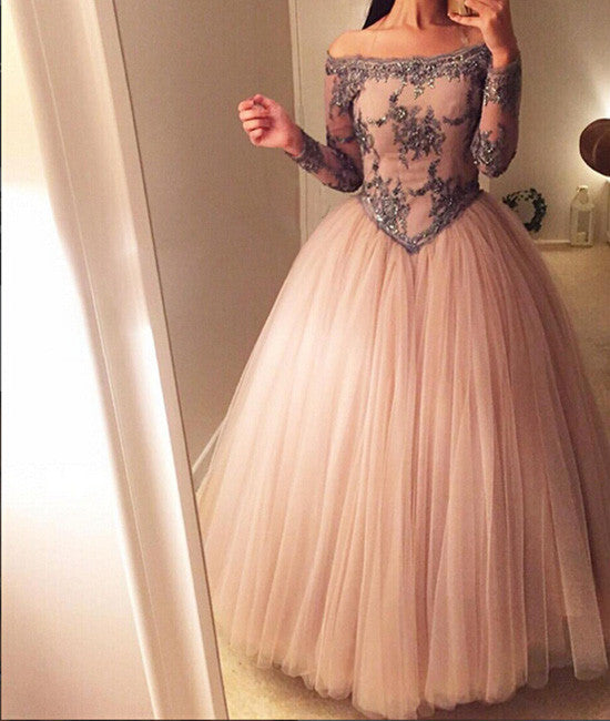Unique off shoulder tulle long prom dress, evening dress - shdress