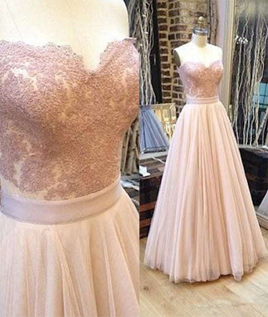 Sweetheart neck tulle lace long prom dress, lace evening dress - shdress