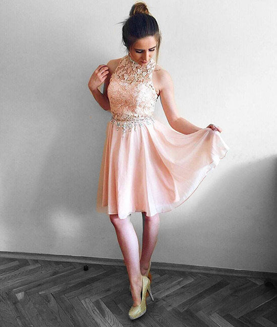Pink round neck lace chiffon short prom dress, pink homecoming dress - shdress