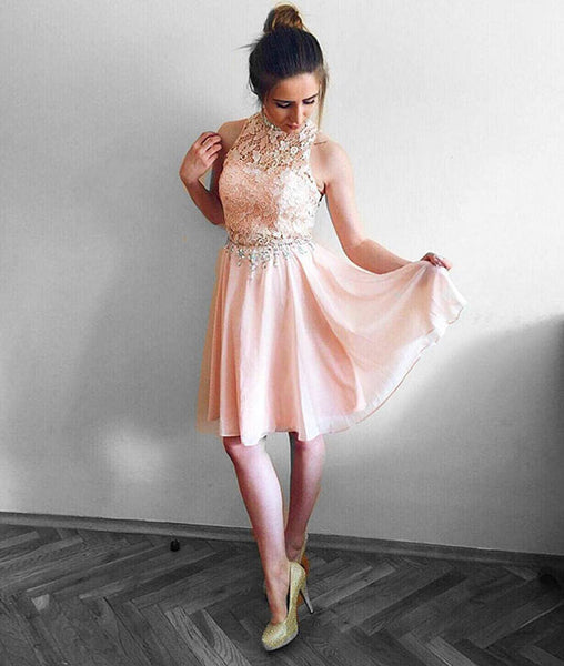 Pink round neck lace chiffon short prom dress, pink homecoming dress – shdress