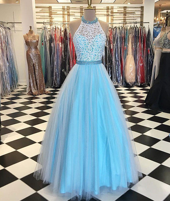 Blue high neck lace tulle long prom dress, blue evening dress - shdress