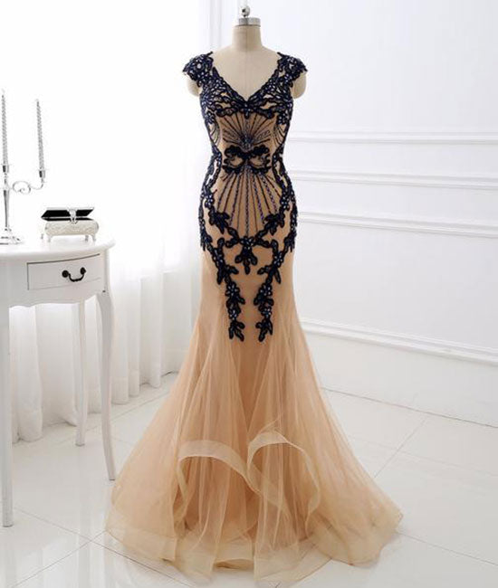
                  
                    Champagne v neck lace applique mermaid long prom dress - shdress
                  
                