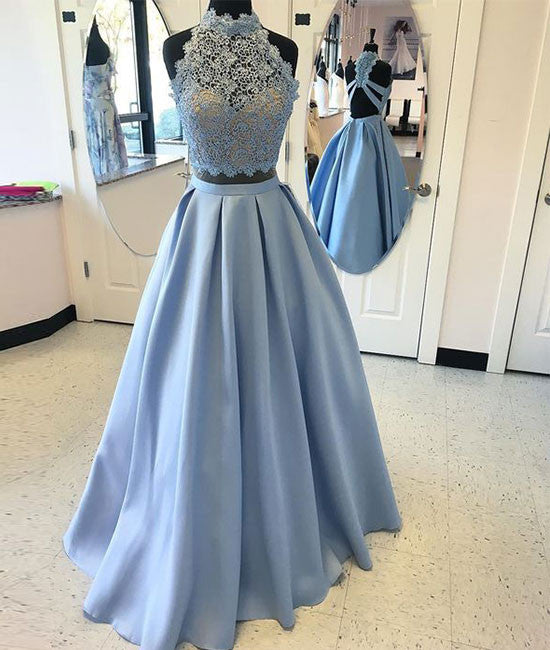 
                  
                    blue two pieces lace long prom dress, blue lace evening dress - shdress
                  
                