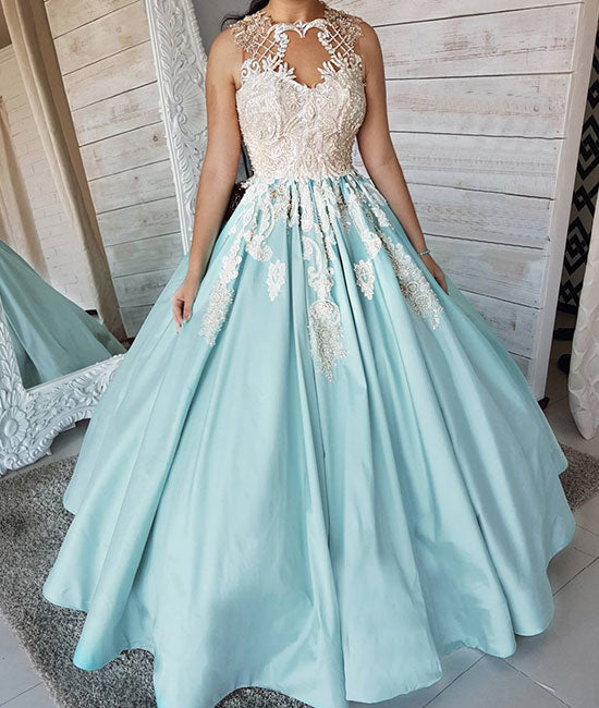 Unique satin lace applique long prom dress, blue evening dress - shdress