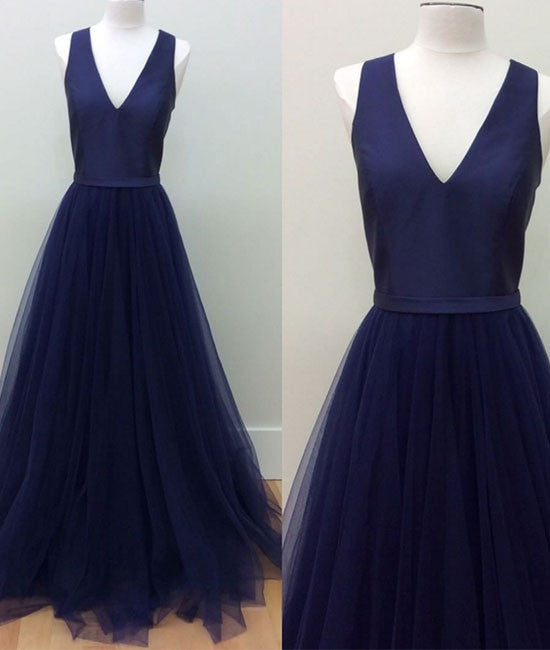 simple v neck tulle long prom dress, dark blue evening dress - shdress