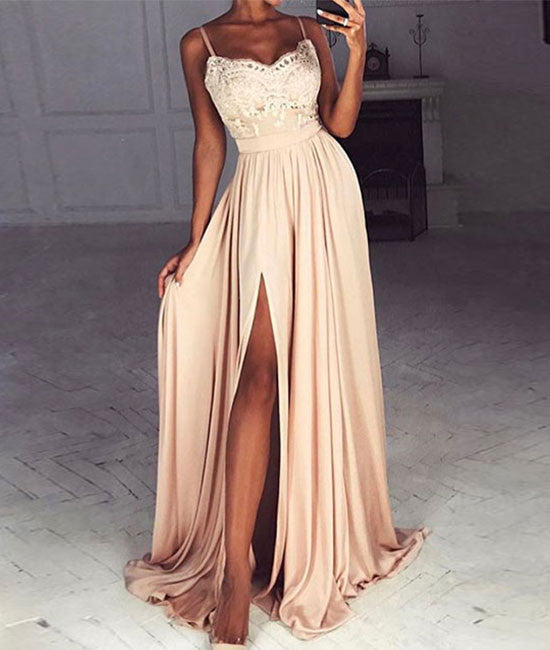 Champagne sweetheart lace long prom dress, formal dress - shdress