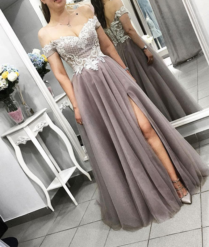 
                  
                    Gray tulle lace long prom dress, gray lace evening dress - shdress
                  
                
