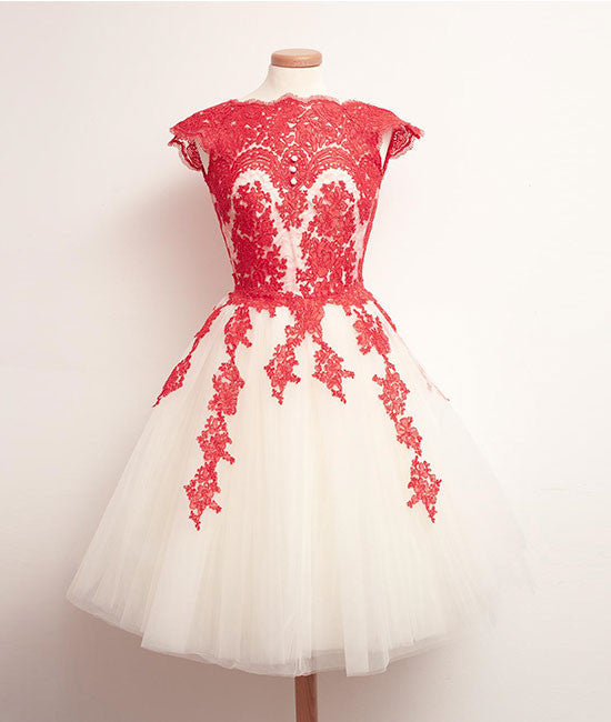 Red Lace Tulle Short Prom Dress, Homecoming Dress - shdress