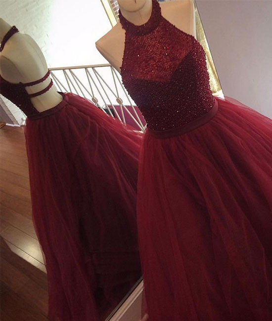 burgundy tulle sequin long prom dress, cute evening dress for teens - shdress