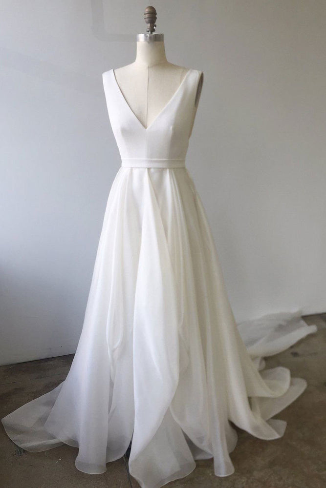 
                  
                    Simple white v neck tulle long prom dress, white evening dress
                  
                