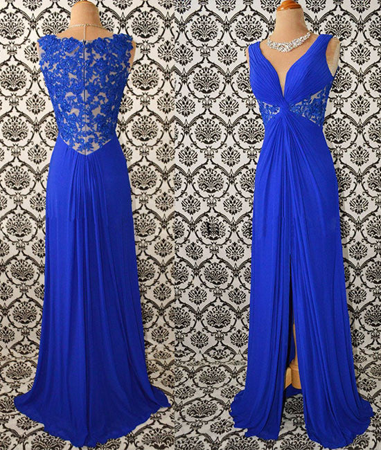 Royal blue v neck chiffon lace long prom dress, evening dress - shdress
