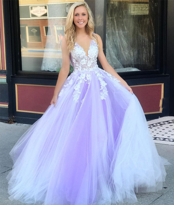 Purple tulle lace long prom dress, purple evening dress shdress Purple tulle lace long prom dress, purple evening dress shdress