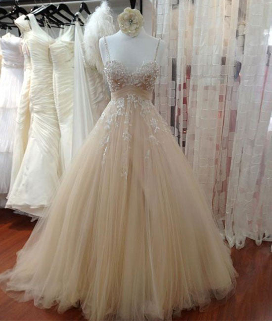 Champagne tulle lace long prom dress, lace wedding dress - shdress