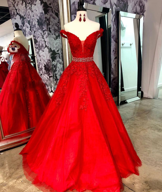 
                  
                    Red v neck tulle lace long prom dress, red tulle evening dress - shdress
                  
                