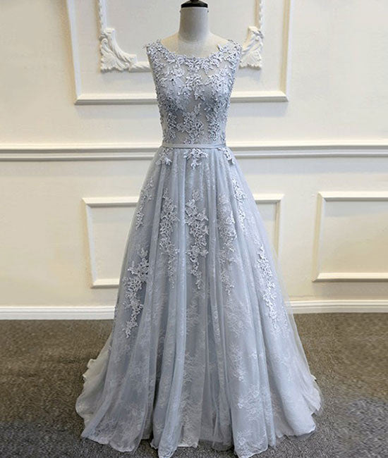 A-line round neck tulle lace long gray prom dress, bridesmaid dress - shdress