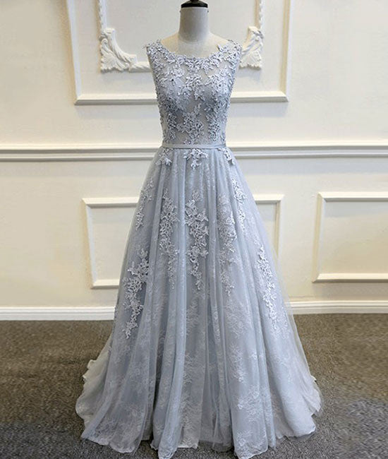 A-line round neck tulle lace long gray prom dress, bridesmaid dress shdress A-line round neck tulle lace long gray prom dress, bridesmaid dress shdress