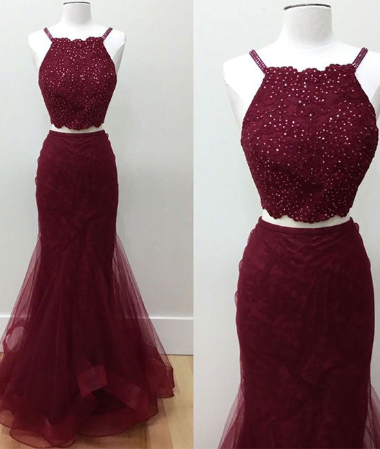 Burgundy two pieces lace tulle long prom dress - shdress
