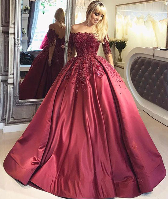 Burgundy lace satin long prom gown, burgundy evening dress - shdress