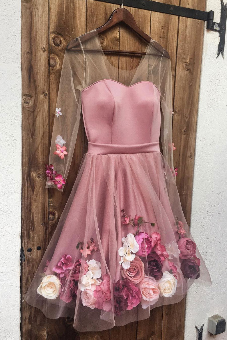 Pink v neck 3D applique short prom dress, pink homecoming dress