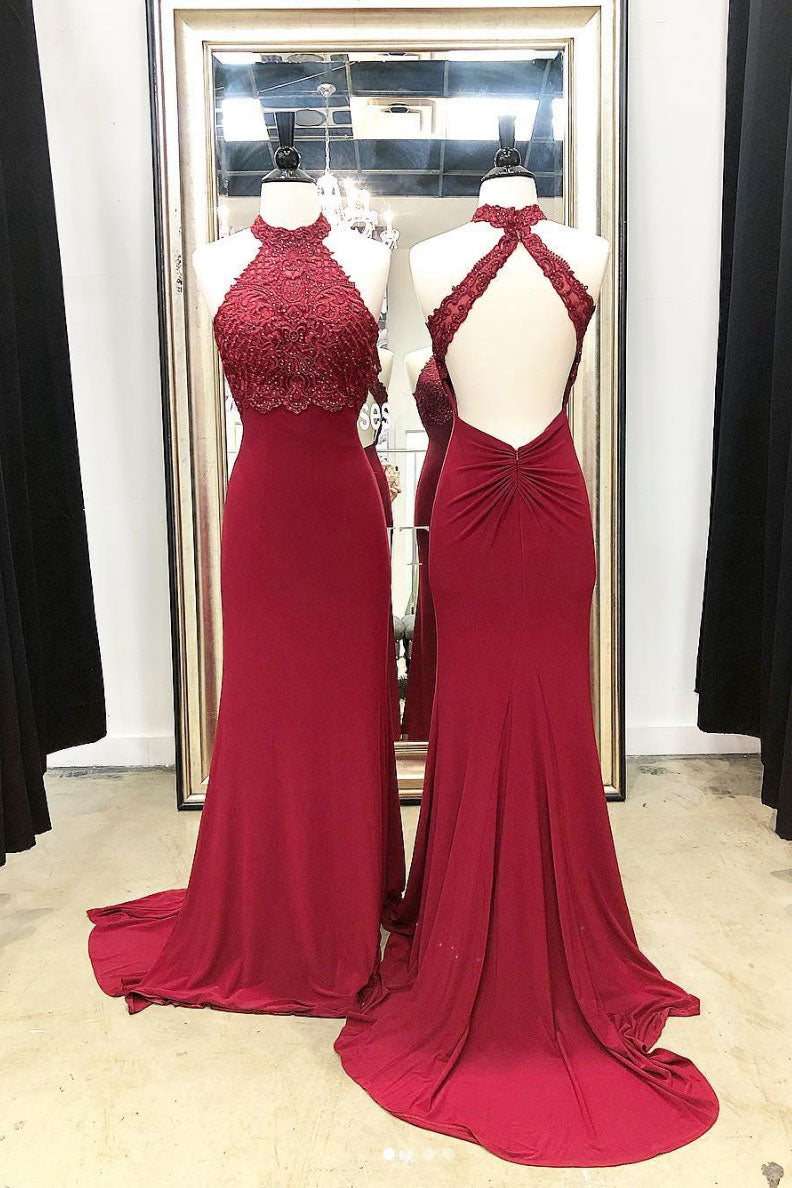 Burgundy high neck lace mermaid long prom dress, lace evening dress shdress Burgundy high neck lace mermaid long prom dress, lace evening dress shdress