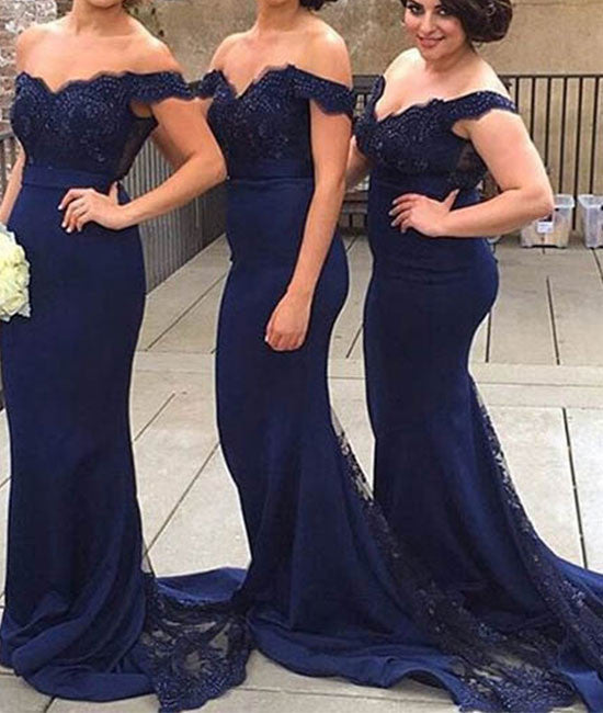 Dark blue off shoulder lace mermaid long prom dress, blue bridesmaid dress - shdress