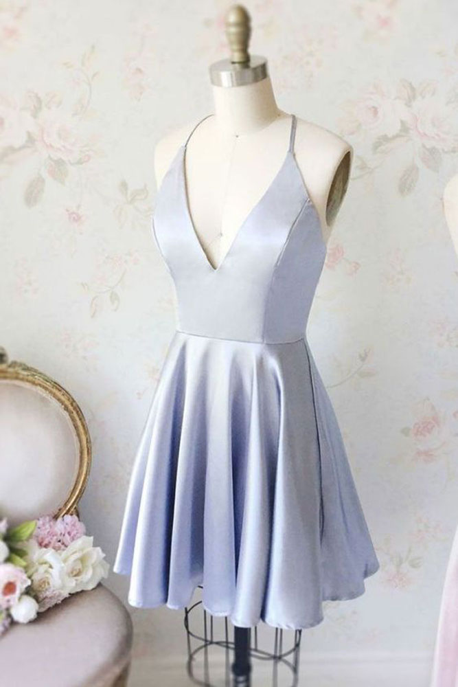 Simple blue v neck short prom dress, blue homecoming dress