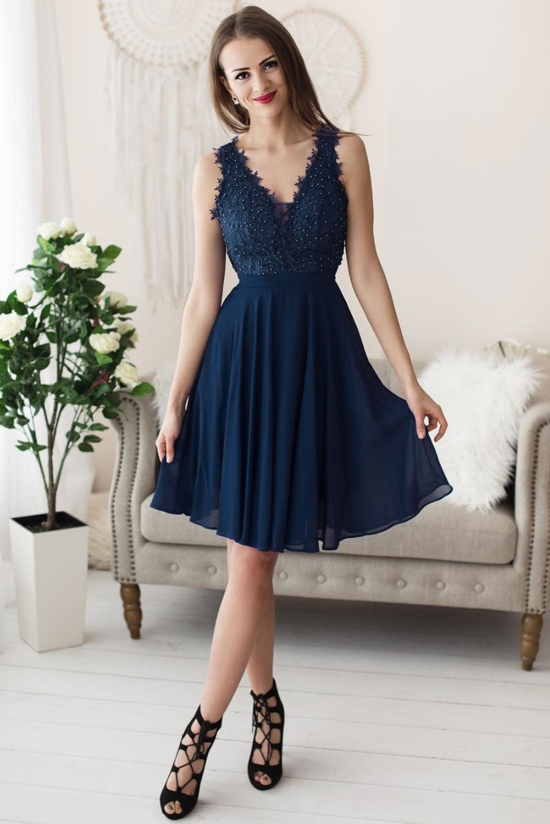 Dark blue chiffon lace short prom dress, blue evening dress