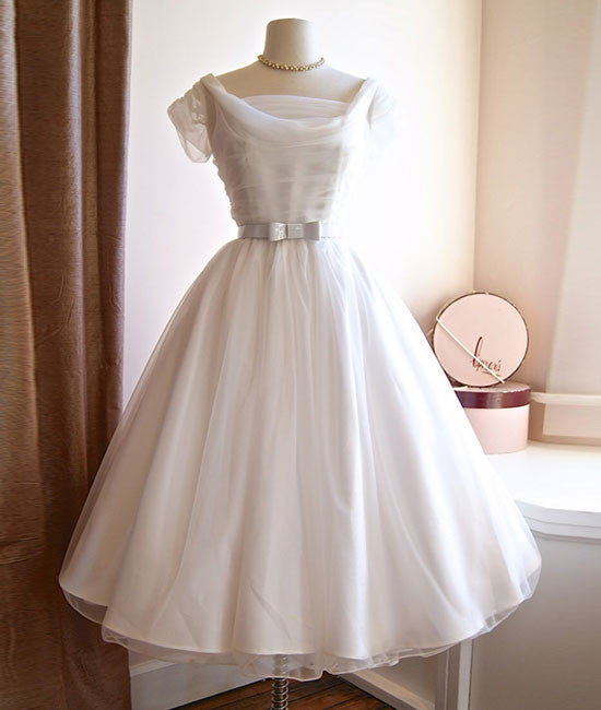 White round neck tulle retro short prom dress, bridesmaid dress - shdress