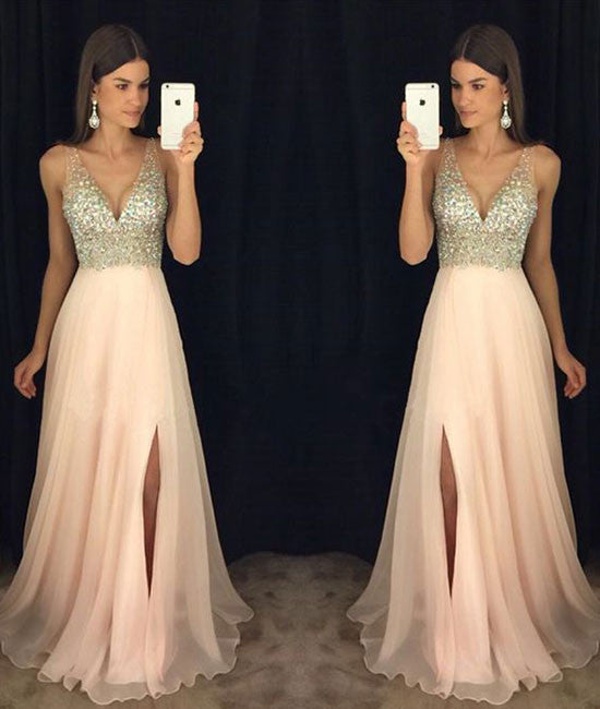 Pink v neck chiffon long prom dress, pink evening dress - shdress