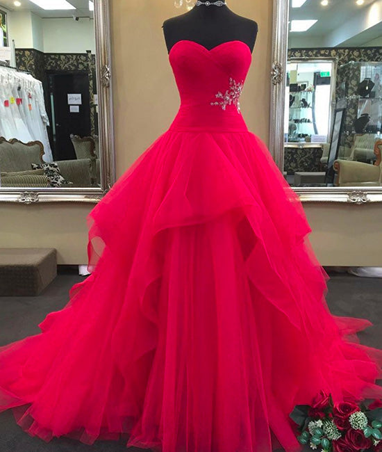 Red sweetheart neck tulle long prom dress, red evening dress - shdress