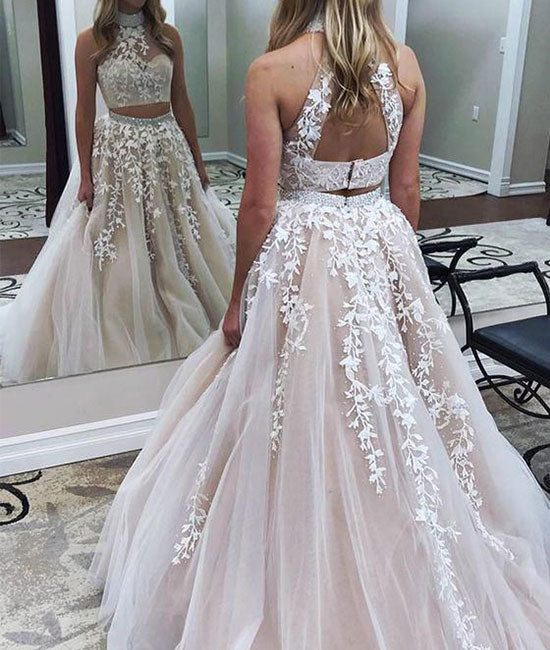 Cute two pieces lace applique tulle long prom dress, evening dress - shdress