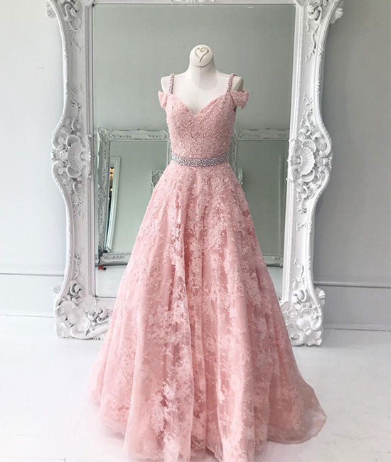 Pink off shoulder lace long prom dress, pink lace evening dress - shdress