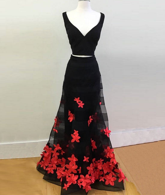 
                  
                    Black two pieces applique long prom dress, black evening dress - shdress
                  
                