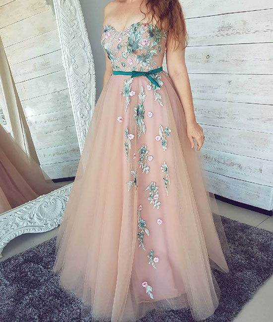 PinK sweetheart neck tulle lace applique long prom dress, pink evening dress - shdress