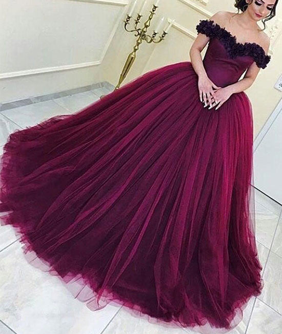 Burgundy tulle long prom gown, burgundy evening dress - shdress