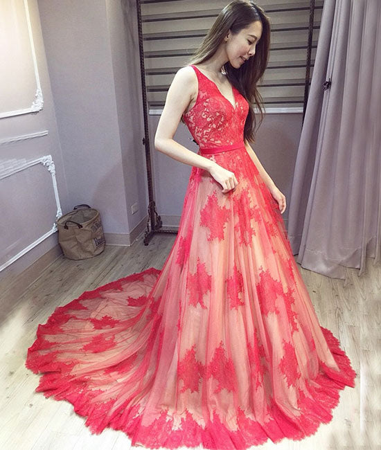 
                  
                    Red v neck lace long prom dress, red lace evening dress - shdress
                  
                