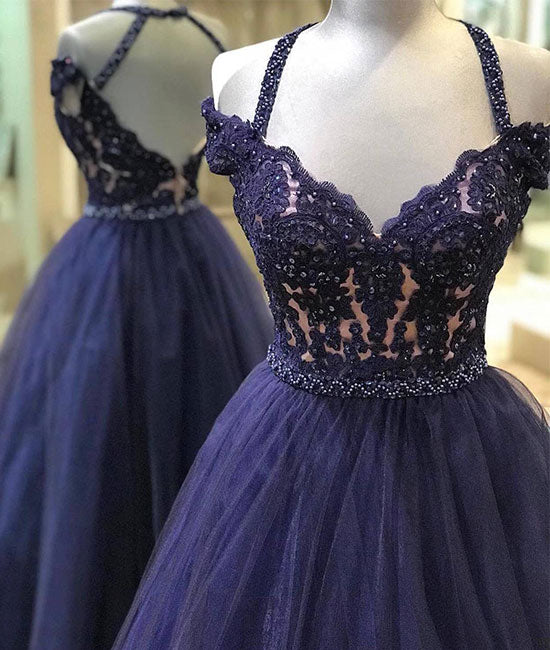Unique tulle lace applique long prom dress, tulle evening dress - shdress